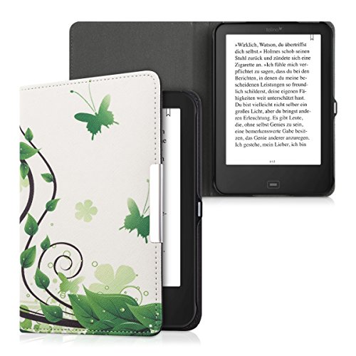 kwmobile Hülle für Tolino Shine 2 HD – Flipcover Case eReader Schutzhülle – Bookstyle Klapphülle Schmetterlinge Blätter Design Grün Weiß - 5