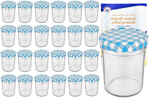 25er Set Sturzgläser 230 ml Hoch Deckelfarbe blau weiß kariert To 66 inkl. Diamant Gelierzauber Rezeptheft, Marmeladengläser, Einmachgläser, Einweckgläser, Gläser