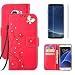 Produktbild Glitter Strass Schutzhülle für Samsung Galaxy S6 Edge Hülle Leder,OYIME Blumen und Schmetterling Muster Handyhülle zum Klappen Tasche Klappbar Magnet Kartenfach Vollschutz Klapphülle Etui Original Flip Case Bookstyle Full Cover Bumper und Display Schutz Folie für Galaxy S6 Edge - Rot