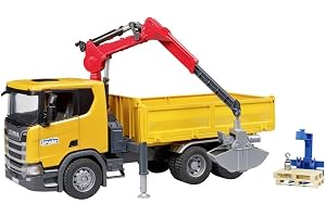 bruder 03551 – Scania Super 560R byggarbetsplatser, lastbil med kran och 2 pallar – 1:16 fordon, byggfordon, kranbilar, lastb