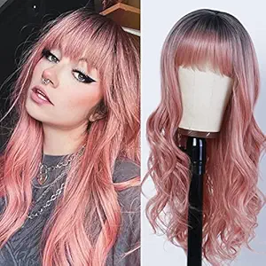 DOOLDOOL Long Pink Ombre Wig with Bangs Body Wave Wig Heat Resistant Fiber Wig for White Women Cosplay Wig for Girls Daily Use Colorful Wigs (24 Inch)