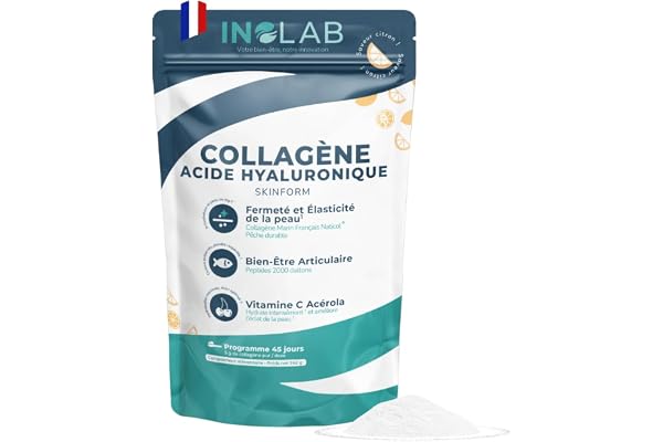 INOLAB Collagène Marin 2000 Da | 45 Doses de 5 g/jour | Collagène Français Breveté Naticol | Acide Hyaluronique + Acérola Bio | Arôme Naturel Citron | Peau Élastique Hydratée & Articulations