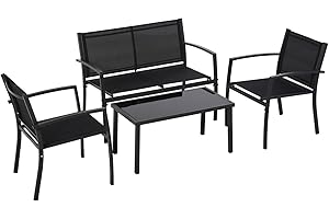 FRANKYSTAR Adelaide Salon de jardin design avec canapé + 2 fauteuils + table basse avec plateau en verre Ensemble lounge d'extérieur 4 pièces en métal et textilène noir