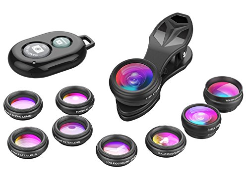 APEXEL 11 in 1 Phone Kit obiettivo fotocamera Wide Angel & Macro Lens + Obiettivo fisheye + Teleobiettivo + CPL / Flow / Radial / Star Filter + Obiettivo caleidoscopio + Otturatore Bluetooth per iPhone Samsung Huawei HTC e la maggior parte degli smartphone Andriod