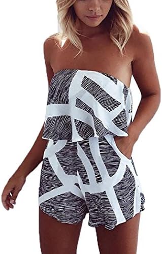 AKABELA Women Summer Jumpsuits Short Beach Flower Patterns Strapless Jumpsuits Play suit