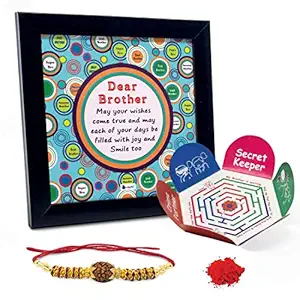 Indigifts Bro May All Your Wishes Come True Printed Poster Frame 6x6 Inches; Rudraksha Rakhi; Roli and Greeting Card for Brother