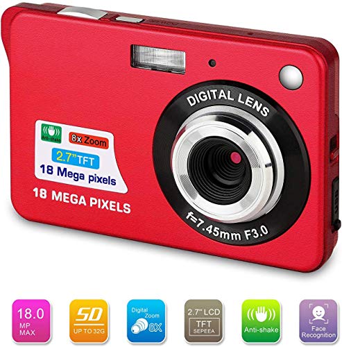 Bosszi Cámara Digital Recargable y Cámara 18 Mega Pixels 2.7" 1280 × 720 HD LCD de Video Digital, Adecuada para Estudiantes/Ancianos/Niños (Rojo)