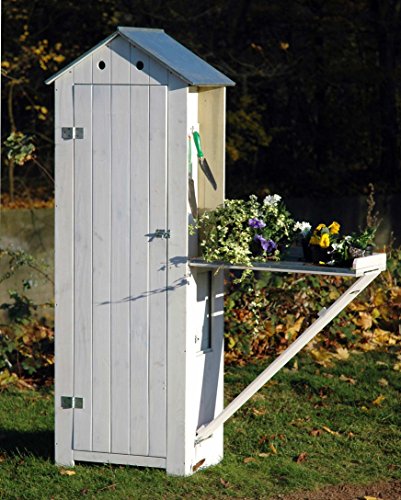 dobar 56215e Schweres Gartengerätehaus mit ausklappbarem Pflanztisch aus massivem Kiefernholz, fertig aufgebaut, 130 x 40 x 185 cm, 35 kg, weiß - 6