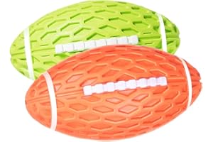 AUSCAT 2Pcs Chew Squeaky Toy Balls, Indestructible Dog Ball for Small Dogs, Rugby Shape Rubber Chew Ball with Squeaker, Interactive Dog Ball for Outdoor Play, Green and Orange