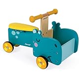 Janod - Porteur Enfant en Bois Hippo - Poignées Ergonomiques et Roues Silencieuses - Casier de Rangement - Apprentissage de l