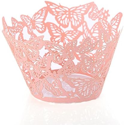 25pcs Laser Cut Cupcake Wrappers Liner Wraps Perfect for Favours or Wedding Gifts Birthdays Decoration Baking Cup Muffins (Pink)