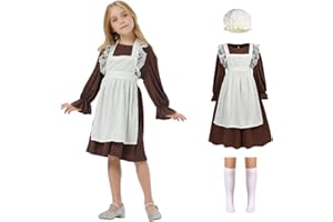 Aomig Vestito da Cameriera Bambina, 4 Pezzi Vestito Medievale Bambine Costume Vittoriano da Ragazza con Bonnet Medievale, Grembiule, Calzini per la Festa del Libro Mondiale, Carnevale, Halloween(S#)