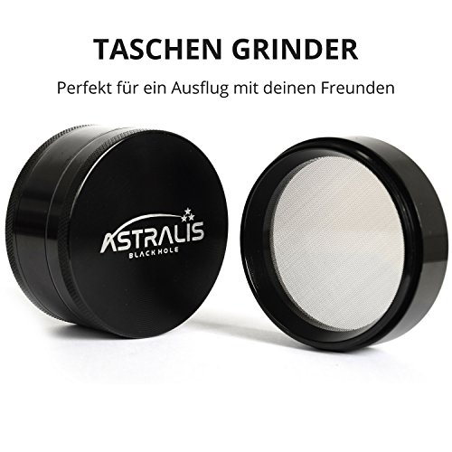 ASTRALIS Black Hole erstklassiger Grinder Ø63mm für Gewürz- und Tabak-Waren | Mit exklusivem Space Ship | Große Kräutermühle zermahlt und zerkleinert Kräuter / Gras | Aluminium crusher mit Deckel und kraftvollem Magnet, scharfen Mahlzähne, feines Pollensieb und Auffangschale 4 Teile (Schwarz) - 5