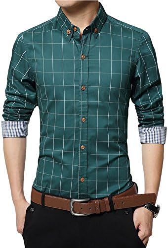 Men's Dress Shirts Cotton Long Sleeve Plaid Slim Fit Casual Snap Buttons Plaid Dress Shirts