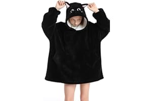 NLAND Sudadera con Capucha para Niñas Niños 7-14 Años Suave y Cómodo Sudadera Manta Oversize de Invierno Cálido y Grueso Batamanta de Forro Polar con Bolsillos y Mangas(Gato,Talla única)