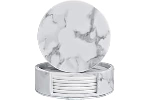 Wityoo Juego de 6 Posavasos Redondos de Piel con Aspecto de MáRmol Blanco,Posavasos con Soporte,Apto para Varias Tazas,Café,Cerveza,Vino,Pub,Mesas de Madera,DecoracióN del Hogar