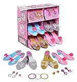 CONTENIDO: zapatos de princesa con diseños diferentes, brazaletes, anillos, dos pares de pendientes a conjunto y una caja con compartimentos para colocar los zapatos.