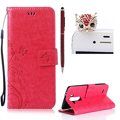 LG G3 S / G3 Mini Leder Hülle ,SKYXD Drucken Schmetterling Blumen Prägung Motiv PU Folio Ledertasche [ Standfunktion / Magnetverschluss / Kartenfächer] Einfarbig Handyhülle 3 in 1 Handytasche mit Eule Staubstecker + Eingabestift für LG G3 S / G3 Mini Schutzhülle - Rot