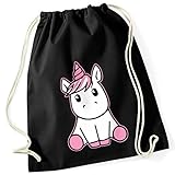 Knuffiges Einhorn Unicorn / Turnbeutel mit Fun Motiv Aufdruck / Geschenk Rucksack GYM Beutel Jutebeutel Hipster, Color:Black (Schwarz)