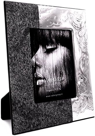 VALORI Silver Stone 925 Sterling Silver Photo Frame 5 x 7 with Slab of Natural Stone Mahogany Back