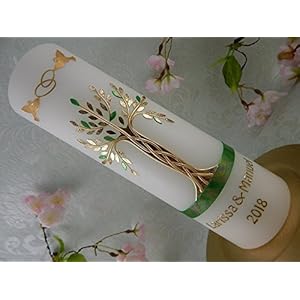Hochzeitskerze Traukerze Lebensbaum grün gold 250/70 mm inkl. Beschriftung