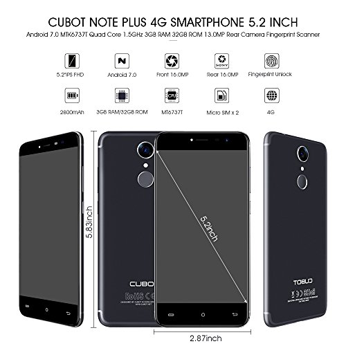 CUBOT Note Plus Smartphone 4G LTE Ohne Vertrag mit Fingerabdruck-Sensor, 5.2-Zoll-IPS-Bildschirm, Dual RÃ¼ckkamera, Dual SIM Standby, Android 7.0, 3GB RAM + 32 GB ROM, Bluetooth, GPS, WiFi(Schwarz)