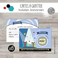 Cartes à gratter invitation anniversaire enfant garçon par lot de 8, paquets cadeaux - réf.49