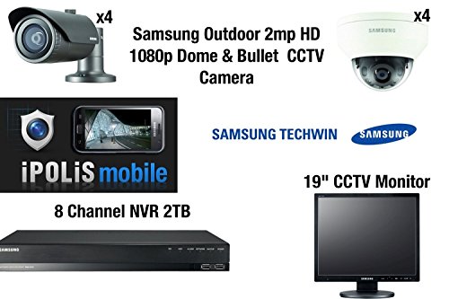 Samsung 8 Camera CCTV Kit – Full HD 1080p 4 Dome & 4 Bullet External 2MP With 8 CH NVR 2TB Mobile Viewing & 19″ CCTV Monitor