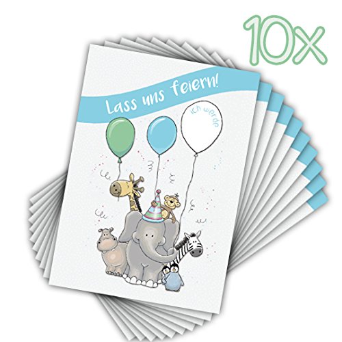 10 EINLADUNGSKARTEN zum Kindergeburtstag „PARTY!!“ neutral für Jungs und Mädchen /Tiere / Zoo - 2