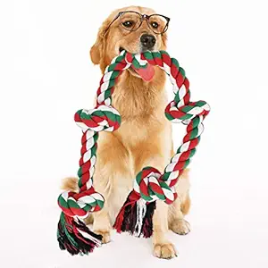 RIO Direct Christmas Dog Rope Toys for Aggressive Chewers, 3 Feet 5 Knot Dog Rope, Tough Rope Chew Toys for Medium and Large Breed, Tug of War Rope Dog Toy, Washable