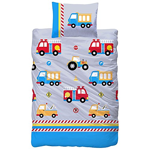 Aminata Kids – bunte Kinderbettwäsche Bettwäsche Kinder 100×135 Jungen Baumwolle Feuerwehrauto Fahrzeuge Automotiv Auto LKW Reißverschluss RV Kleinkinder Autos Jungs-Motiv - 2