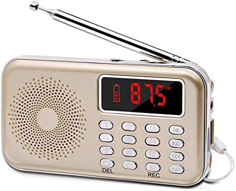 Lefon FM Radio Mini Portable with LED Screen Display MP3 Music Player Support TF Card/ USB Disk , AUX , Recording Function, Power Display , Rechargeable Battery, Emergency Flashlight (Gold--Upgraded)