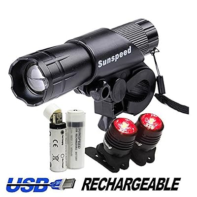 Sunspeed Set d’Eclairage Vélo Rechargeable Eclairage vtt Eclairage Vélo LED Ultra Puissant, 2 batteries 18650 USB rechargeable incluse, Lampe avant et 2 Feux arrières