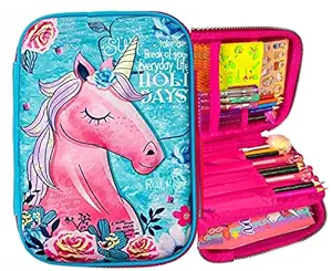FunBlast Hard Canvas Unicorn Pencil Case - Multipurpose Zipper Stylish Unicorn Print Large Capacity Pencil Case, Pen & Pencil Pouch Bag Case for School Supplies for Kids, Girls (Sky Blue)