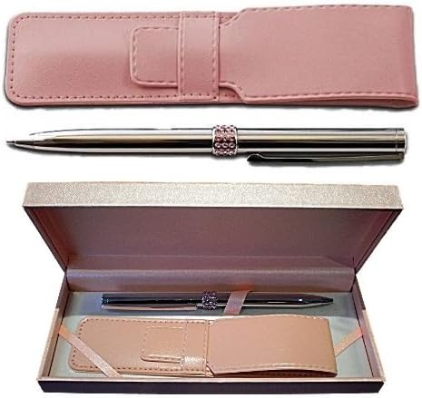 Ladies Chrome &amp; Pink Crystals Pen with Pouch Boxed Gift