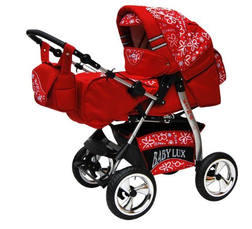 Lux4Kids King Pram & Pushchair (raincover, mosquito net, beverage tray, mattress, changing pad) 12 Buggyred & Red Flowerpower