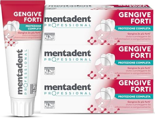 Mentadent Dentifricio Gengive Forti Protezione Completa, Per Gengive Delicate, Aiuta a Proteggere da Infiammazioni e Sanguinamento, Igiene Orale Quotidiana, Cofanetto 3x75 ml con Pochette Omaggio