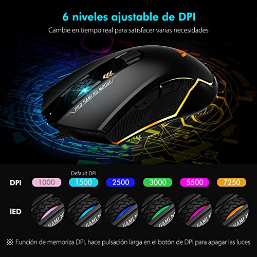 VicTsing Rat  n Gaming Programable RGB Retroiluminaci  n Adjustable  6 Botones y 6 DPI Nivel  Sensor   ptico  DPI 7250 M  ximo  Erogon  mico Professional Rat  n Gaming con Cable para PC  Ordenador  Port  til  Computadora - Negro