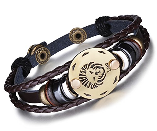 Unendlich U Braccialetto con segni zodiacali, stile punk, per uomo e donna, in pelle intrecciata e lega multistrato, 1 / 12 pezzi e base metal, colore: Löwe(Leo), cod. B2356-G