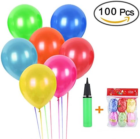 Party Ballons,Latex Balloons,Vegbirt 100 Pieces assorted balloons latex with Hand Held Air Inflator and 6 colors of Crimped Curling Ribbons