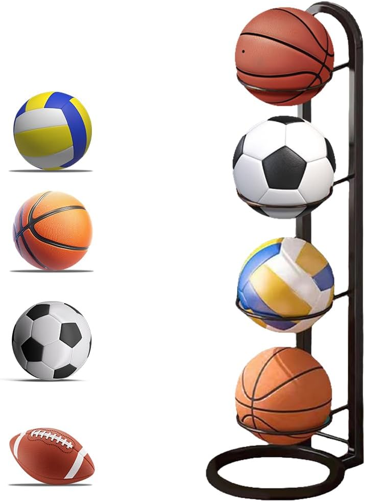 KBIBCK 4 Niveles Estante de Almacenamiento de Pelotas, Soporte Balon Futbol, Almacenamiento Vertical de Pelotas, Soporte Vertical para Pelotas de Futbol, Soporte de Fútbol Baloncesto Extraíble