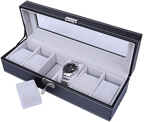 Watch Box Storage, Watch Holder, Watch Organiser, Mens Watches Case for 6Grids, Faux Leather(Black-Grey)Watch Display with Glass Lid Lock Key and Velvet Liner by JKC