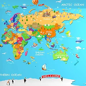 World map Wallpapers for Kids Bedroom , Canvas Paper , (H X L , 4ft X 5ft)