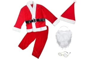 Carnavalife Disfraz de Papá Noel para Chico, Chaqueta con Cinturón Pantalón de Cintura Elástica Gorro de Navidad Barba Gafas para Fiestas Navideñas y Cosplay de Papá Noel, 6pcs