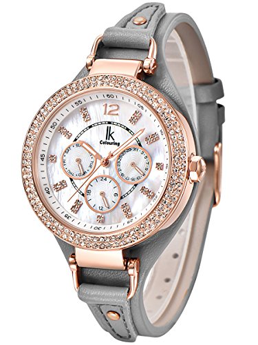 Alienwork Quarz Armbanduhr Perlmutt Uhr Damen Uhren Roségold Strass Leder weiss grau K002GA-08 Alienwork Quarz Armbanduhr Perlmutt Uhr Damen Uhren Roségold Strass Leder weiss grau K002GA-08