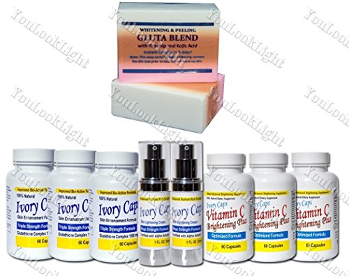 (System 3) Ivory Caps Skin Whitening Set (Includes: 3 Ivory Caps Pills, 2 Cream, 3 Vitamin C Pills) + Premium Whitening/Peeling Soap w/ Glutathione, Rosehip and Kojic acid