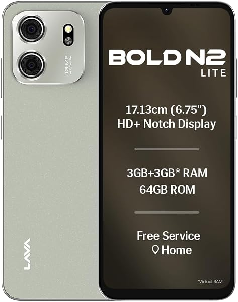 Lava Bold N2 Lite (Kolar Gold, 3 GB RAM, 64 GB Storage) | 6.75" HD+ Display | 13MP AI Dual Rear Camera | 5000 mAh Battery | Secure Face Unlock | Fingerprint Rea