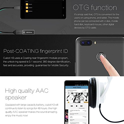 CUBOT H3 4G LTE Smartphone 5.0 pollici IPS HD Schermo HD 3 GB di RAM 32 GB ROM MTK6737 1.3 GHz Quad Core 16 + 0,3 MP 8MP Telecamere doppie OTG 6000 mAh Batteria Fingerprint (Nero)