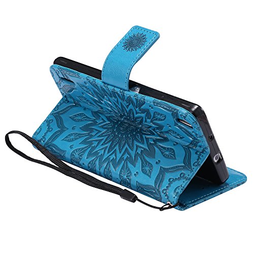 Ascend P7 Hülle,Huawei P7 Hülle,Huawei Ascend P7 Hülle,Huawei Ascend P7 Leder Wallet Tasche Brieftasche Schutzhülle,Cozy Hut® Prägung Sunflower Muster PU Lederhülle Flip Hülle im Bookstyle Cover Schale Stand Ständer Etui Karten Slot Schutzhülle Blue Tasche Wallet Case für Huawei Ascend P7 (5,0 Zoll) – blau - 6