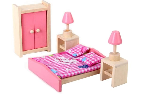 POFET Ensemble de jeu en bois rose pour chambre à coucher, maison de poupée, ensemble de meubles miniatures réalistes pour lit, armoire, coiffeuse, berceau